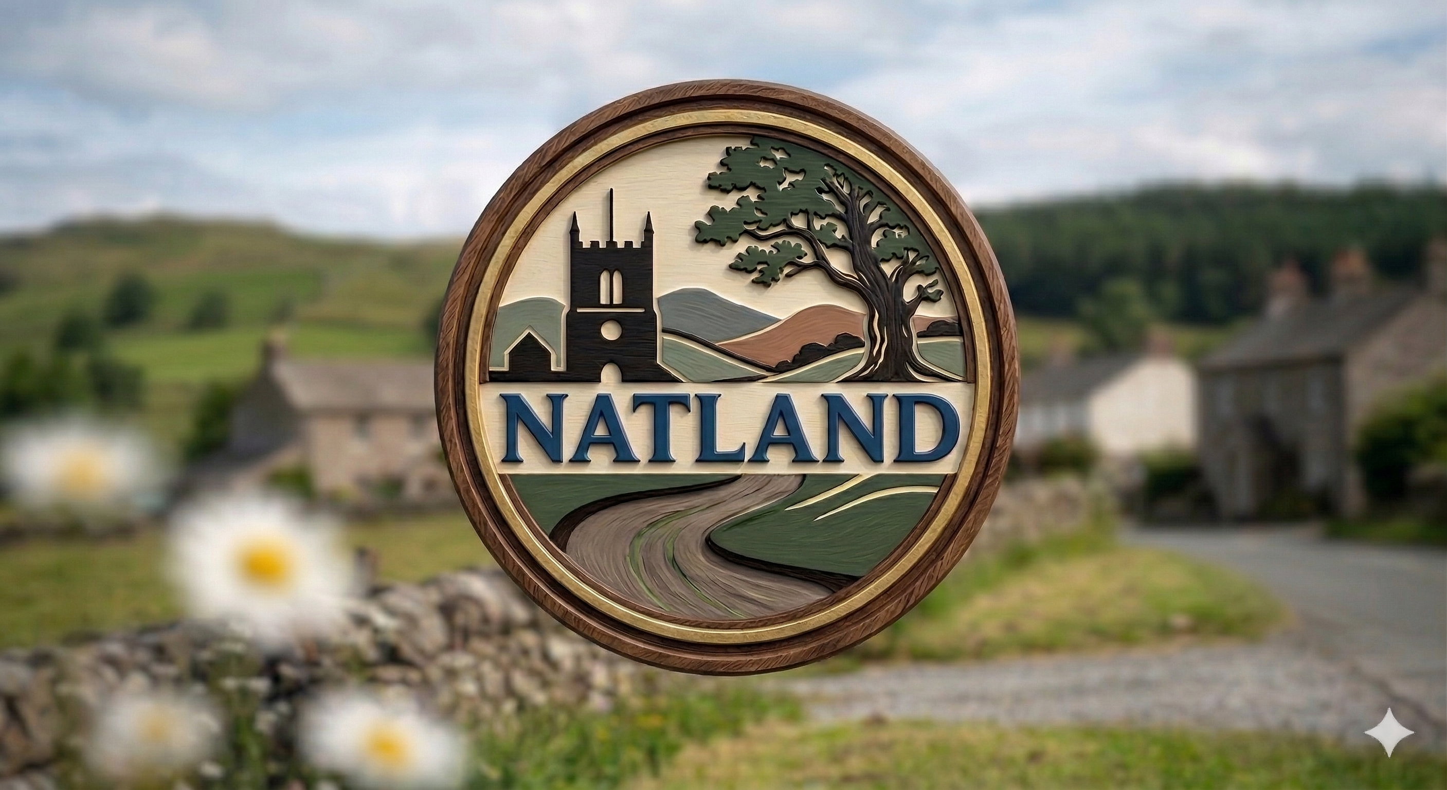 Natland village emblem — carved roundel with church tower, rolling hills, river, and oak tree